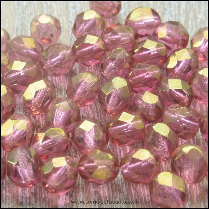 Czech Glass Faceted Fire Polished Beads 6mm Raspberry Gold Lustre