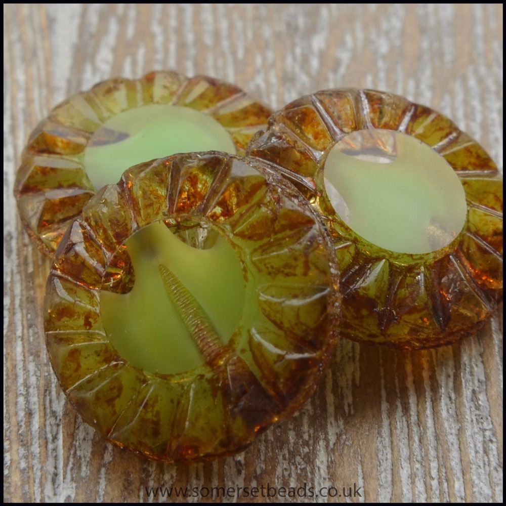 Czech Picasso Sunflower Table Cut 14mm Green Beads