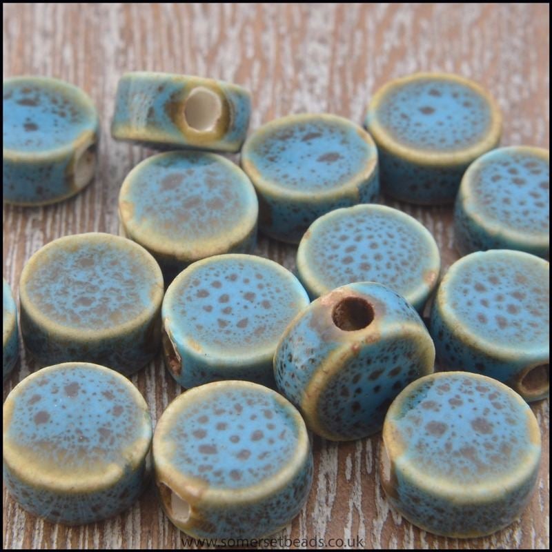 9mm Blue Speckled Fancy Glazed Ceramic Disc Beads