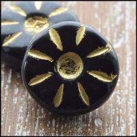 12mm black czech glass daisy beads with gold decoration