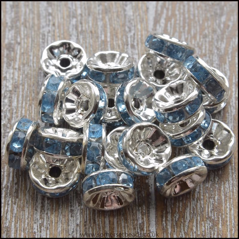 8mm Light Blue Rhinestone Rondelle Spacer Beads