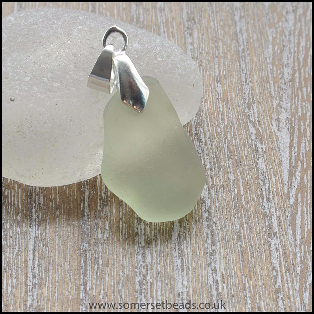 Pale Green Sea Glass Free Form Pendant -A