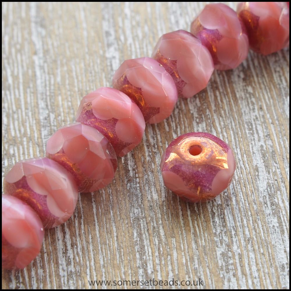 Blushing Rose Czech Glass Faceted Picasso Rondelle Beads