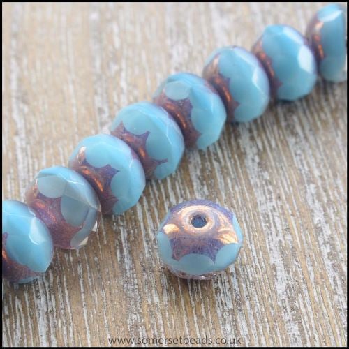 Czech Glass Faceted Picasso Rondelle Beads - Turquoise