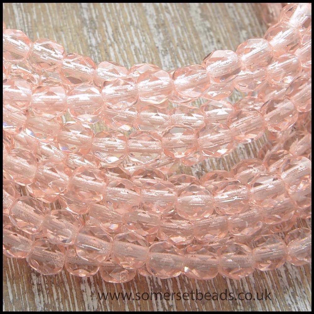 Czech Glass Faceted Fire Polished Beads 4mm - Soft Pink