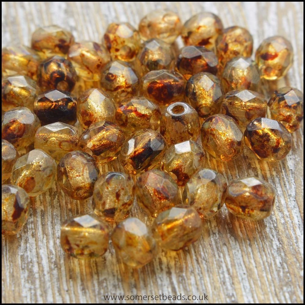 Czech Glass Faceted Fire Polished Beads 4mm Golden Picasso
