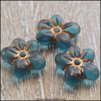 Czech Glass Pressed Puffy Flower Bead - Teal