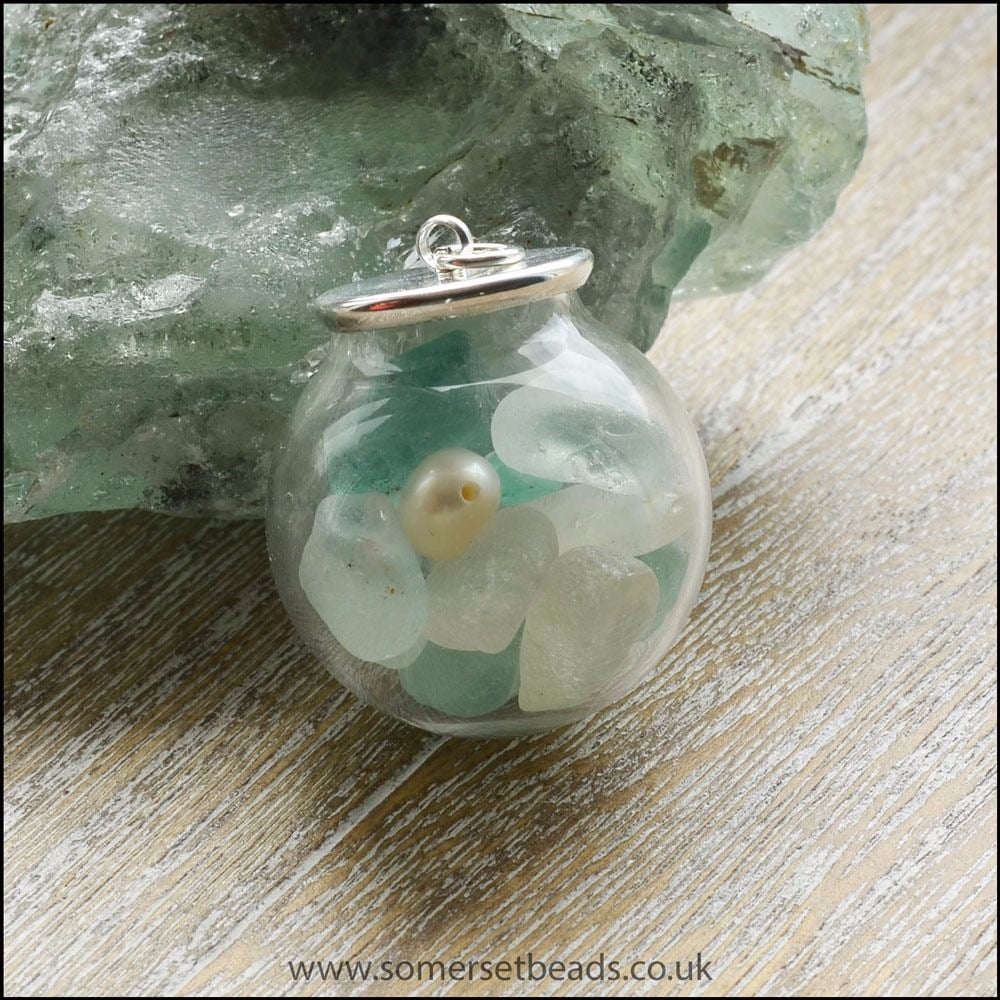 Sea Glass & Pearl Globe Pendant - Aqua