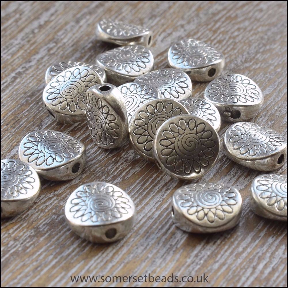 Silver Tibetan Style  Flower Patterned Flat Beads
