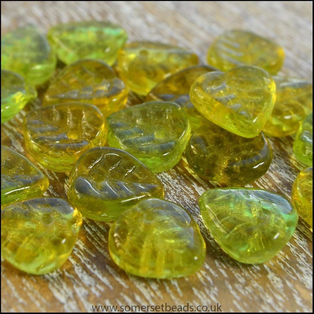 Czech Glass Pressed Leaf Shaped Beads - Olive Mix