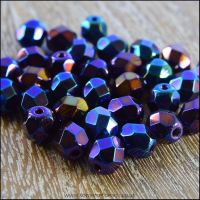 Czech Glass Faceted Fire Polished Beads 6mm Jet Blue Iris