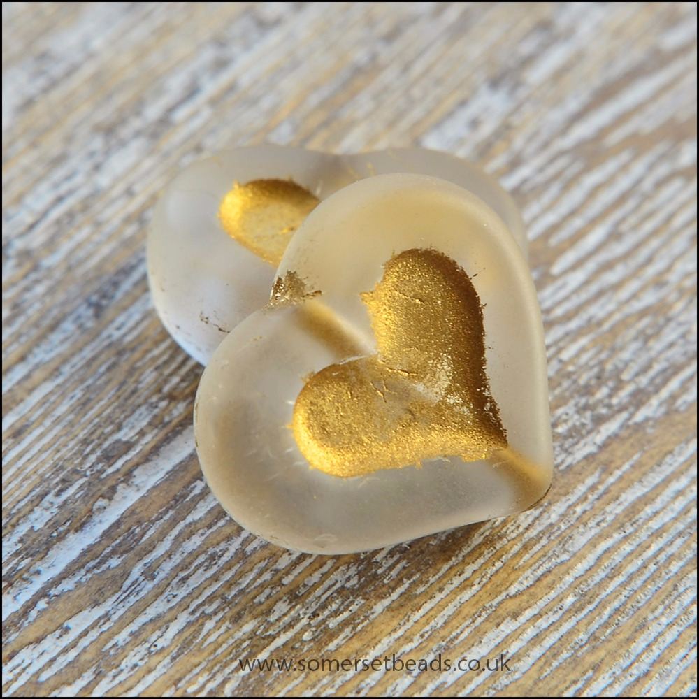 Czech Glass Puffy Hearts Clear & Gold