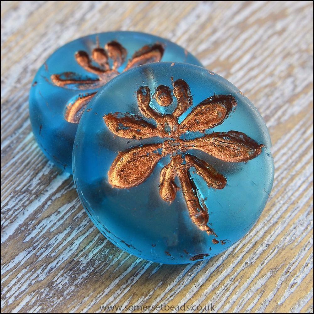 Czech Glass 18mm Dragonfly Coin Bead - Blue