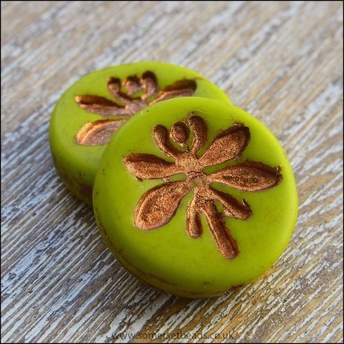 Czech Glass 18mm Dragonfly Coin Bead - Chartreuse