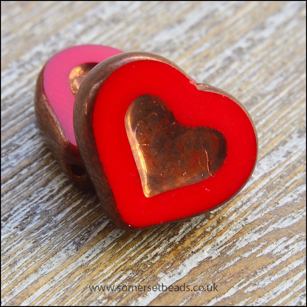 Czech Glass Picasso Heart Beads - Scarlet