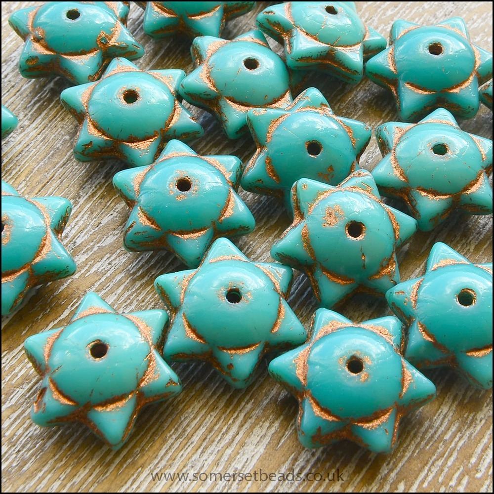 Czech Glass Picasso Star Beads 6mm x 12mm - Turquoise