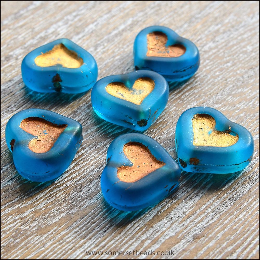 Czech Glass Puffy Heart Beads - Deep Sea Blue