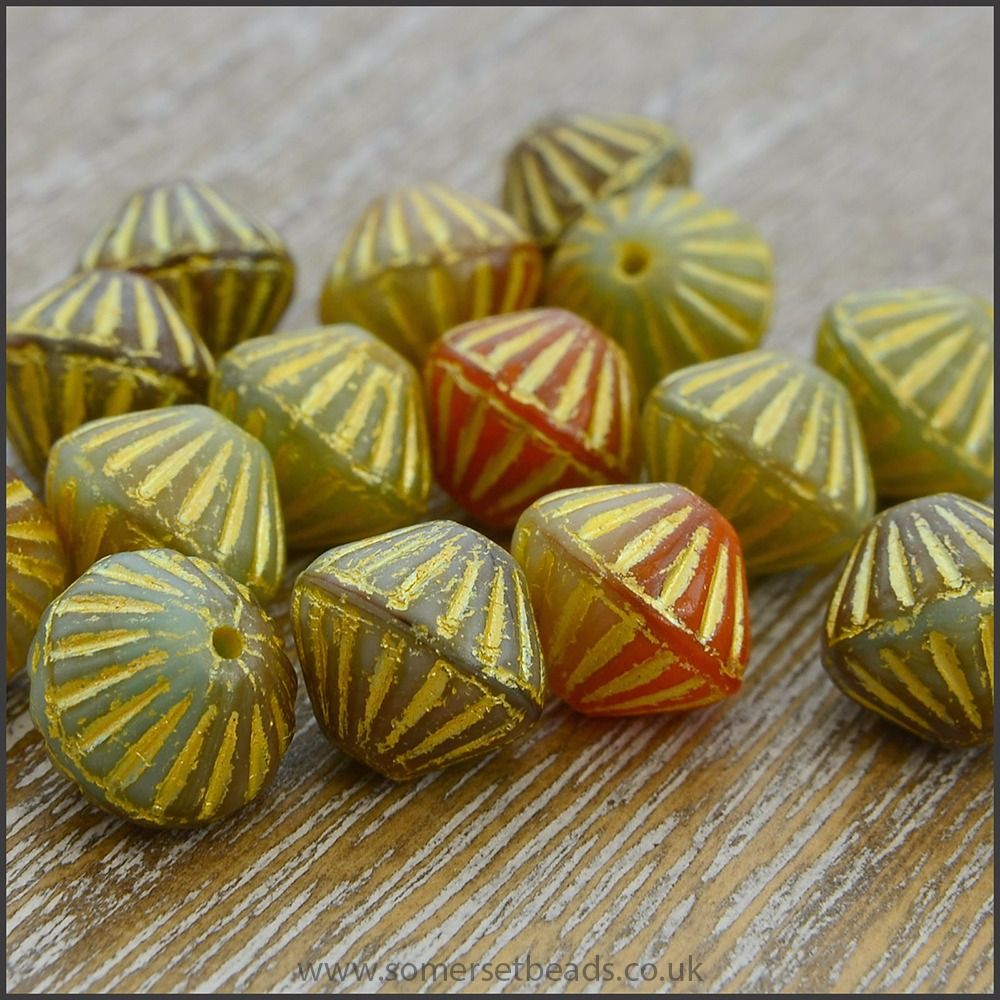 Czech Glass Etched Bicone Beads - 10mm - Autumn Mix