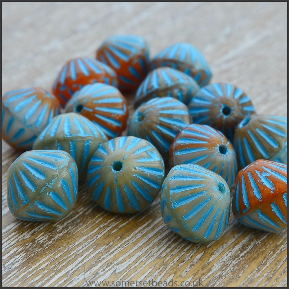 Czech Glass Etched Bicone Beads - 10mm - Blue & Orange Mix