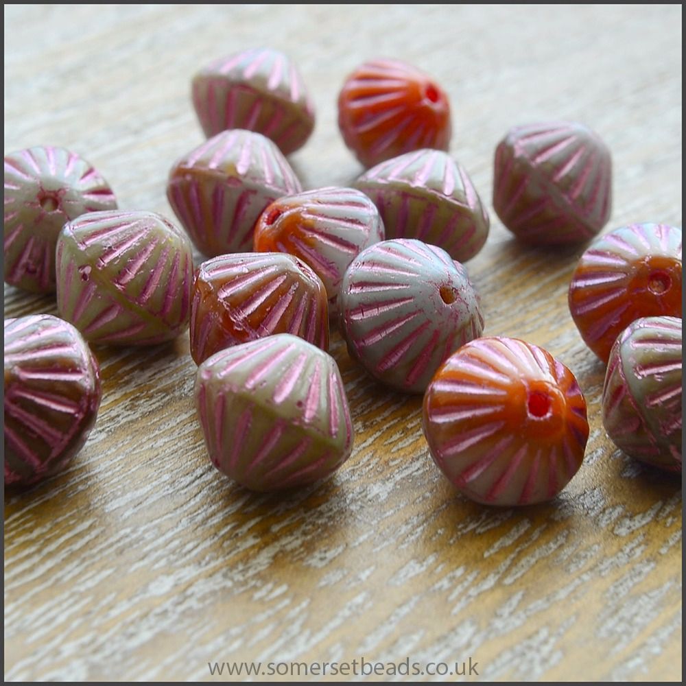 Czech Glass Etched Bicone Beads - 10mm - Pink