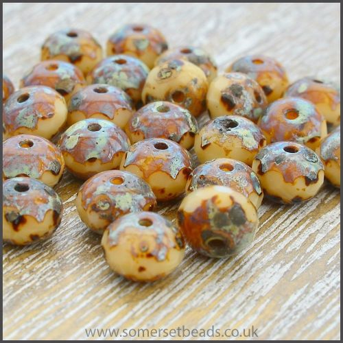 Czech Glass Faceted Picasso Rondelle Beads - Biscuit 7mm x 5mm