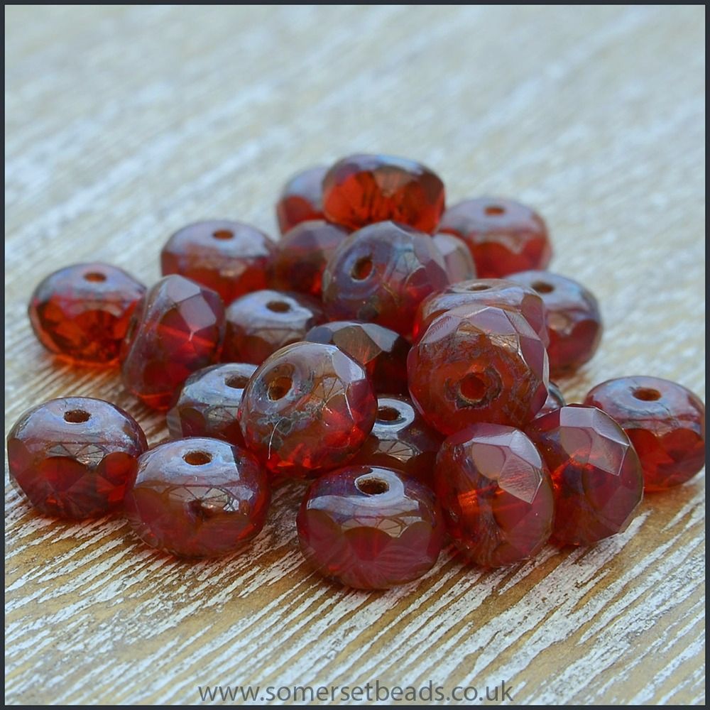 Czech Glass Faceted Picasso Rondelle Beads - Merlot 7mm x 5mm