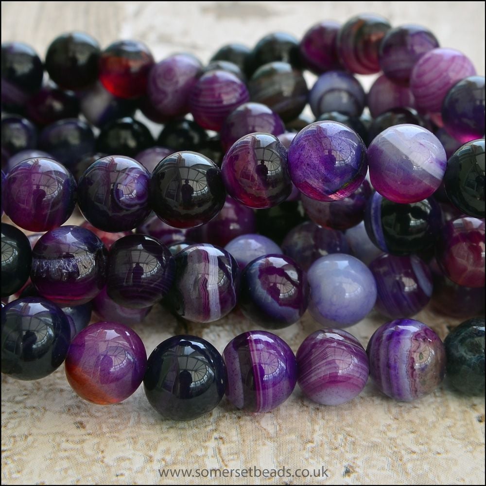 8mm purple striped banded agate plain round gemstone beads