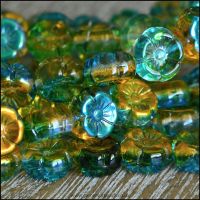 Czech Glass Hawaiian Flower Beads Green, Blue & Gold Vitrail Mix 8mm