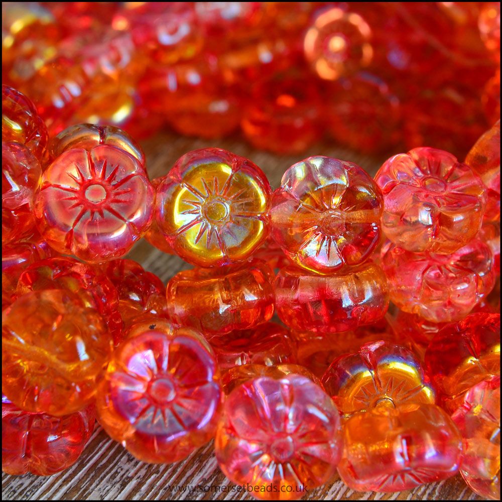 Czech Glass Hawaiian Flower Beads Orange & Gold Vitrail Mix 12mm