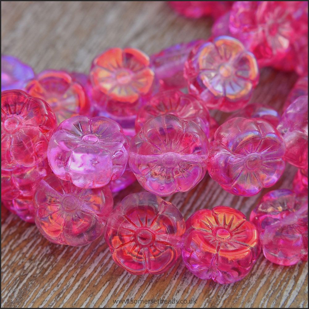 Czech Glass Hawaiian Flower Beads Pink Vitrail Mix 8mm