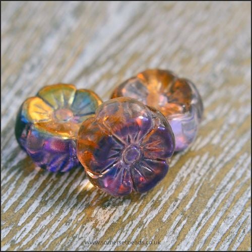 Czech Glass Hawaiian Flower Beads Purple & Gold Vitrail Mix 8mm