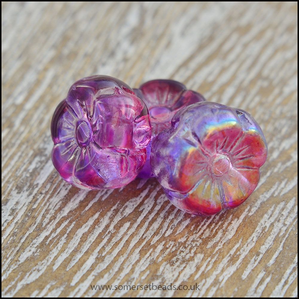 Czech Glass Hawaiian Flower Beads Purple, Pink & Orange Vitrail Mix 8mm