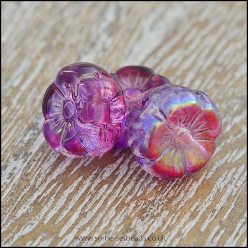 Czech Glass Hawaiian Flower Beads Purple, Pink & Orange Vitrail Mix 8mm