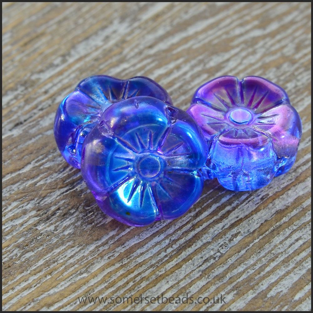Czech Glass Hawaiian Flower Beads Violet Vitrail Mix 8mm