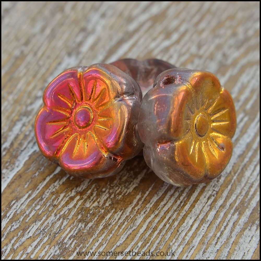 Czech Glass Hawaiian Flower Beads Vitrail Pink & Gold Mix