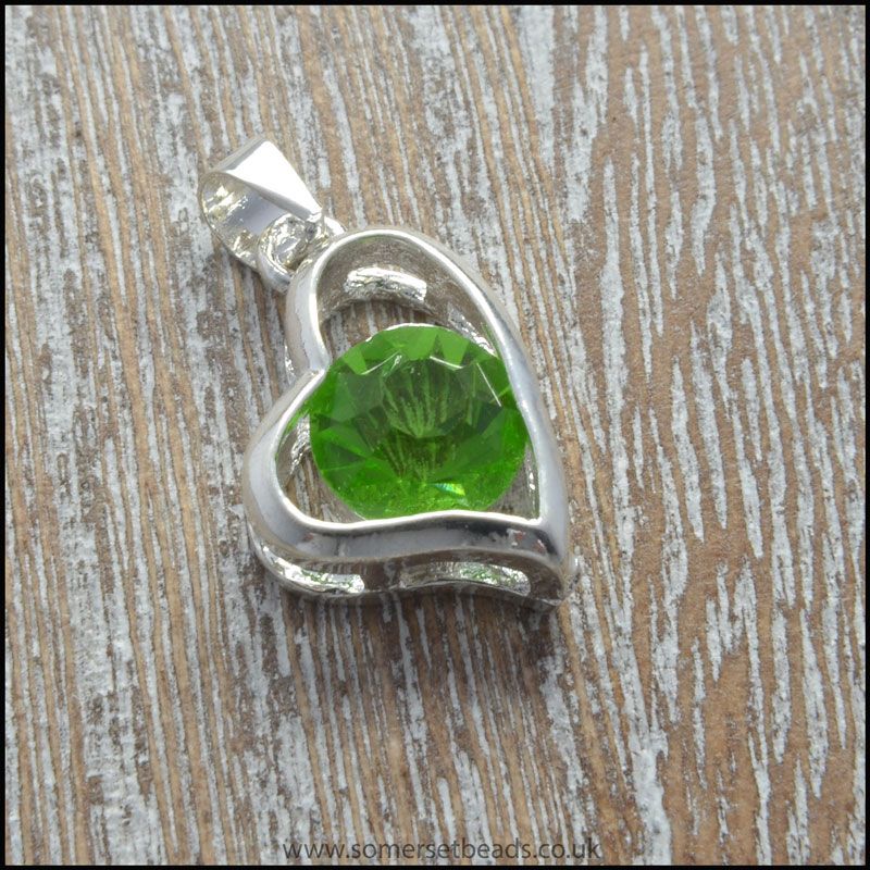 Peridot Green Rhinestone Silver Heart Pendant