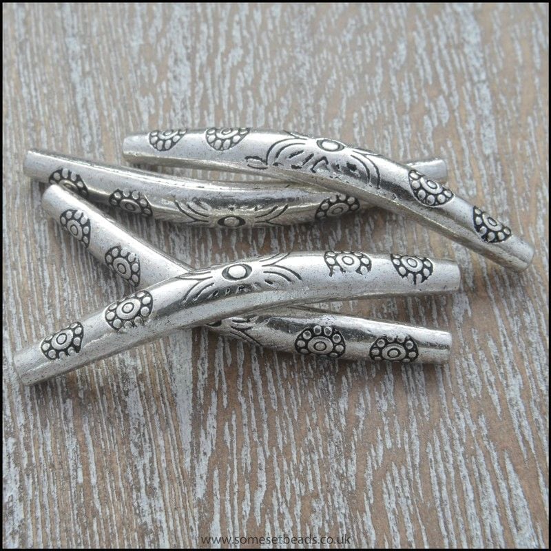 Tibetan Silver Style Patterned Curved Tube Beads