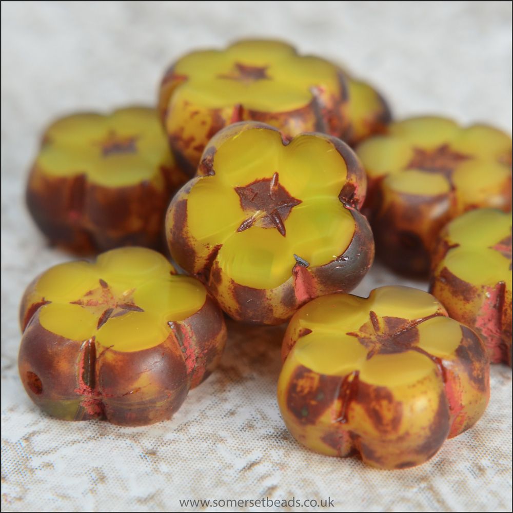 Czech Glass Table Cut Flower Beads 10mm Yellow