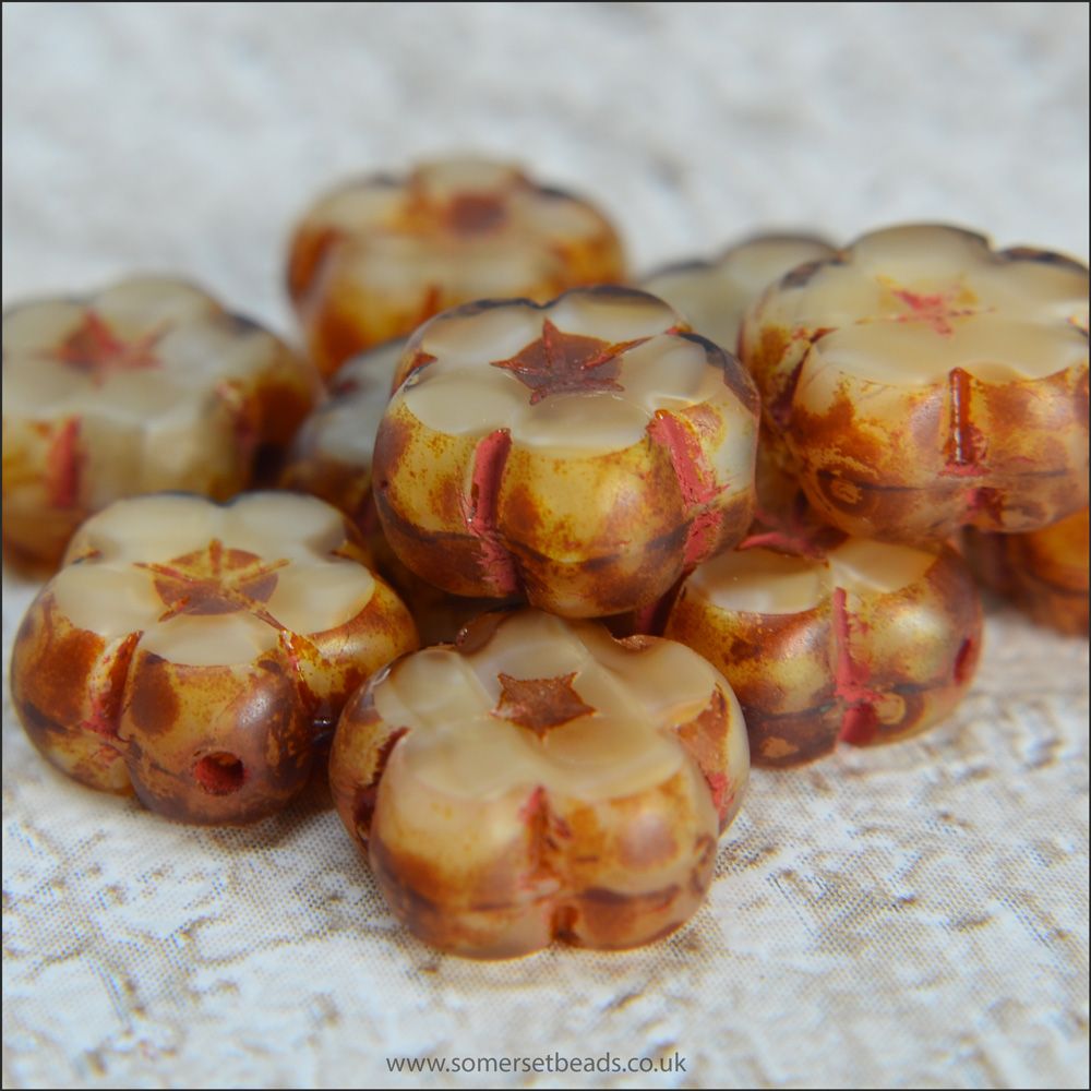 Czech Glass Table Cut Flower Beads 10mm Biscuit