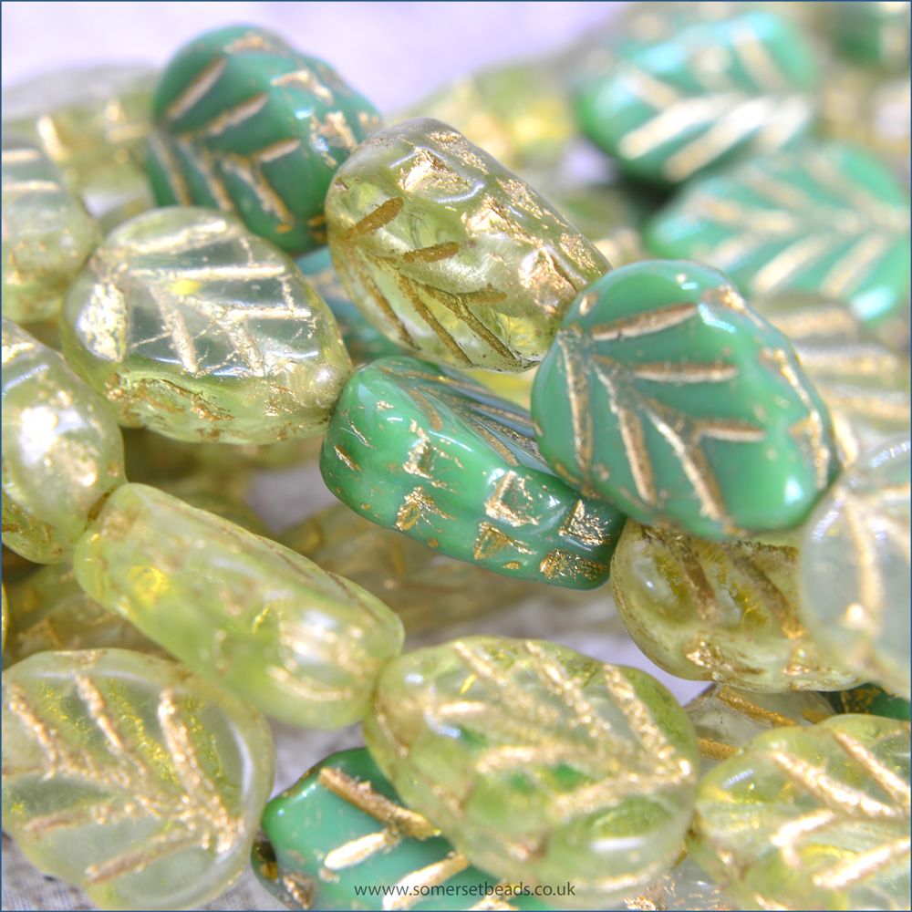 Czech Glass Pressed Leaf Beads 10mm x 8mm Green Mix