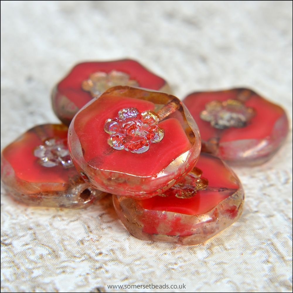 Czech Glass Red Marbled Flower Coin Beads 15mm
