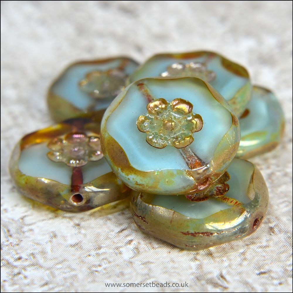 Czech Glass Aqua Marbled Flower Coin Beads 15mm