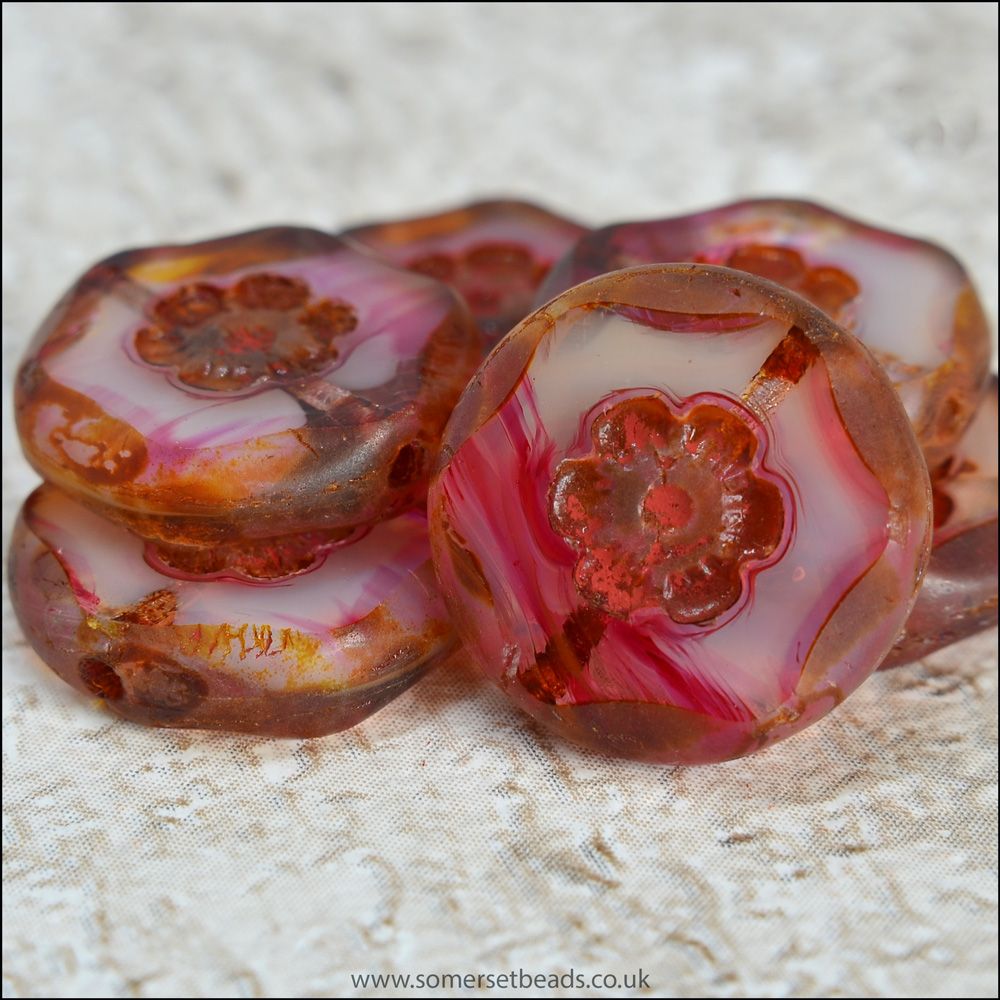 Czech Glass Pink Marbled Flower Coin Beads 15mm