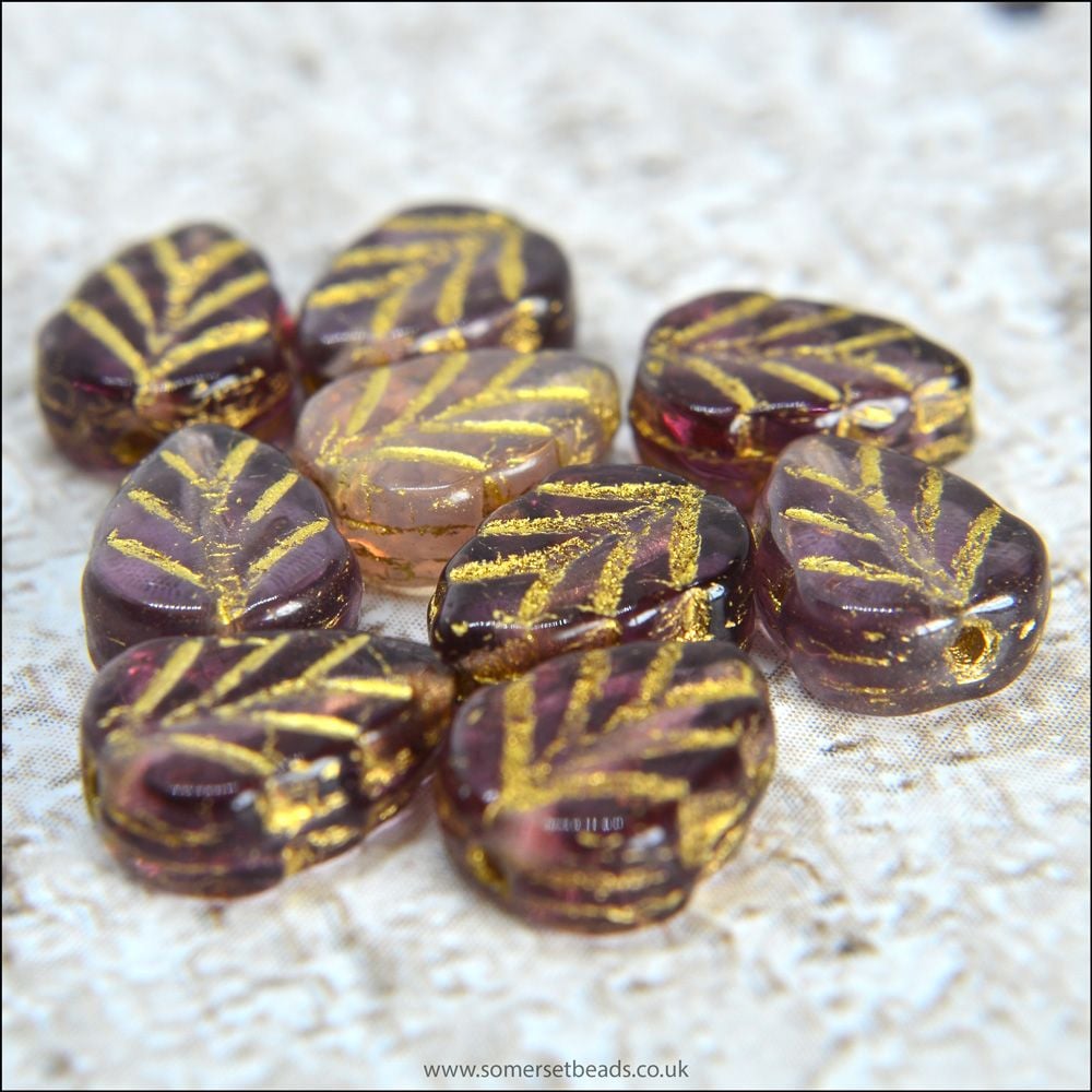 Czech Glass Pressed Leaf Beads 10mm x 8mm Purple Mix
