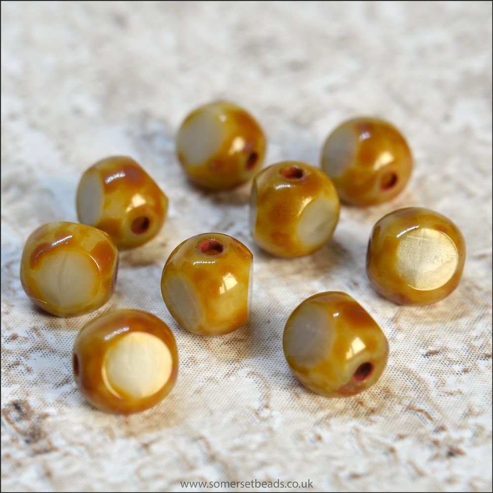 pack of 24 Yellow Brown Picasso Flat Czech Pressed Glass Beads 10x8mm
