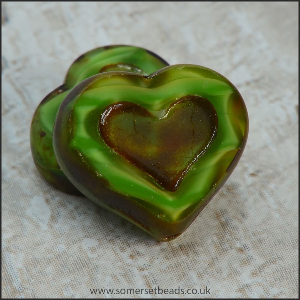 Czech Glass Picasso Heart Beads - Rippled Green