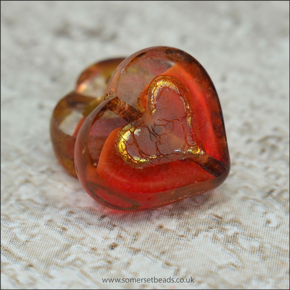 Czech Glass Picasso Heart Beads - Marbled Red