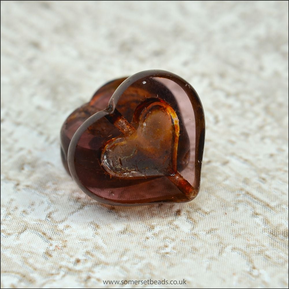 Czech Glass Picasso Heart Beads - Plum