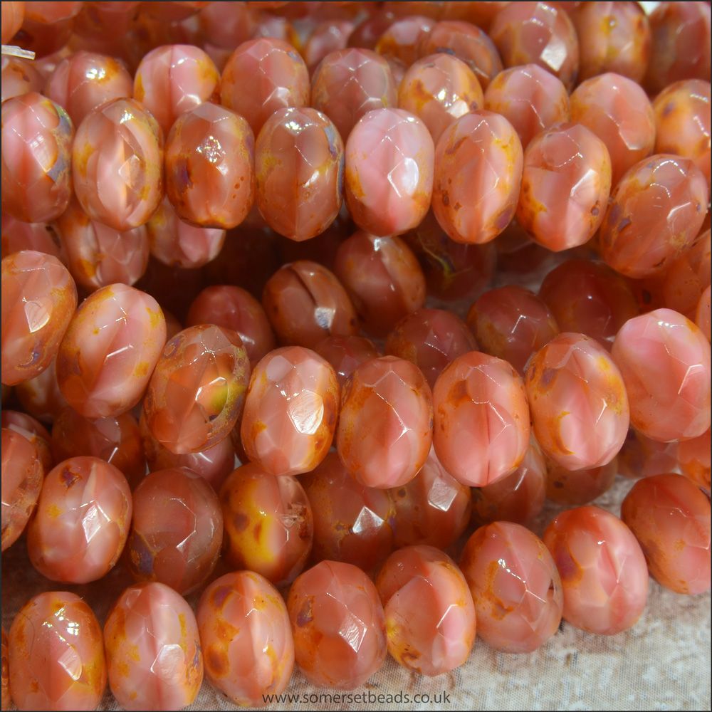 Czech Picasso Faceted Rondelle Beads, 8mm x 6mm. 10 Pcs - Coral