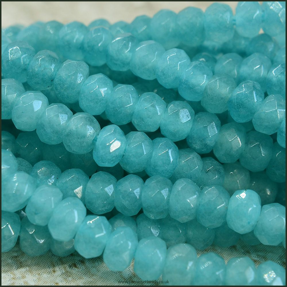 Cyan Coloured Dyed Faceted Jade Gemstone Rondelle Beads 2mm x 4mm